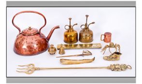 Small Collection of Metalware including copper kettle, copper measure and various brass items,