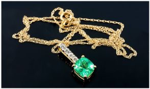 18ct Yellow Gold Set Columbian Emerald and Diamond Pendant Drop. Fitted on a 18ct gold chain. The