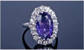 18ct White Gold Amethyst And Diamond Ring, Set With A Large Central Amethyst Surrounded By 16 Round