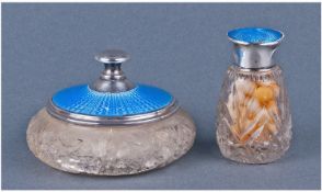 A Silver And Powder Blue Enamel Lidded Glass Powder Bowl. Hallmark Birmingham 1926. The enamel and