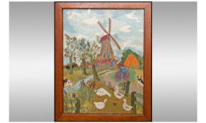 Framed Embroidered Picture Depicting Country Farm House Scene. Mounted and framed behind glass.