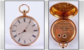 Victorian 18ct Gold Open Faced Pocket Watch. Hallmark Chester 1863. This watch was presented to a