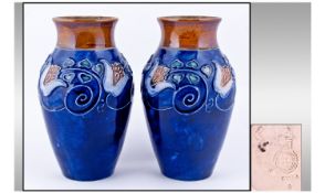 Royal Doulton Pair Of Fine And Impressive Art Nouveau Vases. Monogrammed to base. Blue colour way.