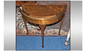 Edwardian Queen Anne Style Demi Lune Card Table with a Green Beige interior. Queen Anne legs with