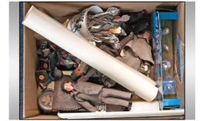 Box Of Oddments And Collectables. Comprising Tins, Key Rings, Stationary, small Costume Dolls by