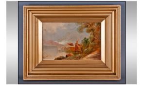 P.E (Monogram) Signed Oil On Board. A yacht in a lakeland landscape. Monogrammed P.E. Mid 20th