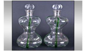 Pair Of Blown Hour Glass Decanters. Each with Four Green Overlaid Bands and Lobed Flower Shaped