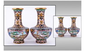 Small Pair of Cloisonne Bottle Vases, the wide bodies decorated with cartouches to front and back