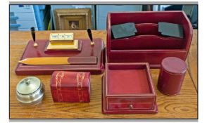 Red Leatherette Desk Set comprising letter rack, desk calendar and pen holder, paper knife, and