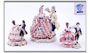 Dresden Lace Figures, 3 In Total. Early 20th century. Couples in 18th century dress in dancing