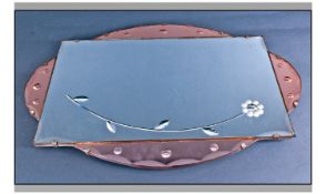 Art Deco Style Wall Mirror, shaped with peach glass side panels, etched with floral decoration. 27