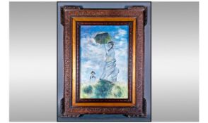 A French Impressionist Style Pastel Drawing of a Woman with a Parasol on the Beach on a Windy Day.