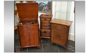 Three Modern Reproduction Side Cabinets, one housing a record player. the other two with cupboard