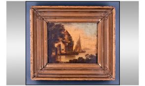 A 19th Century Painting. Depicting a Continental river scene with figures. In gilt frame. 13 x 12