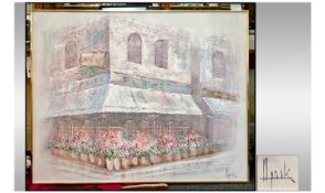 Large Modern Parisian Decorative Oil Painting. Depicting a Flower Shop scene. 48 x 16 inches.