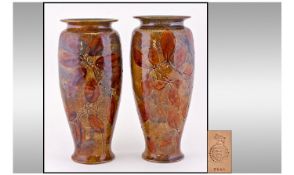 Royal Doulton Pair Of Natural/Autumn Foliage Ware Vases. Circa 1920`s. Impressed Doulton marks to