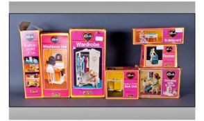 Eight Vintage ``Sindy`` Toys. Comprising Caravan, Sideboard, Wall Oven, Washbasin Unit, Wardrobe,