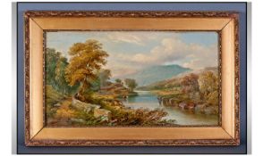 C Walker (19th Century) Signed Oil On Canvas In Original Gilt Frame. Cattle watering in a river in