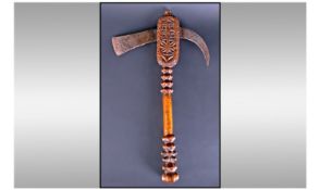 18th/19thC Engraved And Carved Ceremonial Axe, Carved  Handle With Shaped Steel Engraved Blade,