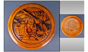 Norwegian Fine Quality And Hand Made Circular Lidded Treen Box. The central picture of an old man