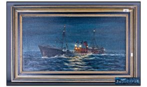 Keith Sutton 1924-1991 Trawler In Rough Seas Night Time. Oil on canvas. Signed. 15.5 x 29 inches.