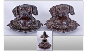Victorian Fine Pair of Cast Iron Inkwells In The Form Of Dogs Heads With Glass Eyes. Circa 1860`s.