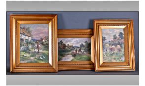 Three Oil Paintings on Board depicting idyllic country scenes, one of Grandmother`s cottage and one