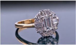 18ct Gold Diamond Cluster Ring, Set with a Central Baguette Cut Diamond Surrounded by 8 Round Cut