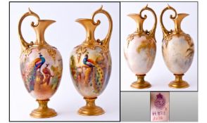 Royal Worcester Hand Painted And Signed Matched Pair Of Fine Urn Shaped Jugs/Vases. Peacocks in a