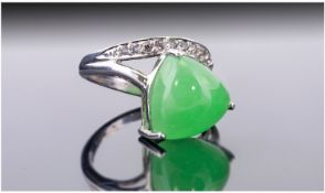 Silver Dress Ring, Set With A Green Jadeite Coloured Stone. Stamped 925, Ring Size N