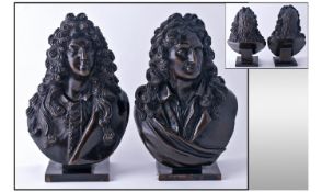 A Pair of French Eighteenth Century Bronze Busts of French Notables. Of fine casting a rich green