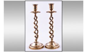 19th Century Pair Of Barley Twist Brass Candlesticks. Circa 1880`s. Each 11.5`` high
