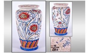 Charlotte Rhead Crown Ducal Signed Vase. Circa 1930`s. Carnation, snow glaze. Pattern number 4924.