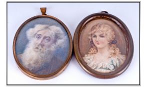 Victorian Portrait Miniatures Watercolours On Ivory. Within period metal frames. 3 x 2.25 and 3 x 2