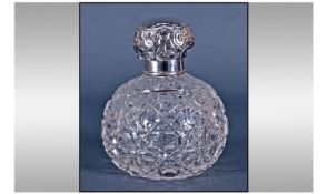 Silver Topped Cut Glass Globular Shaped Perfume Bottle. Hallmark Birmingham 1904. Height 4.25