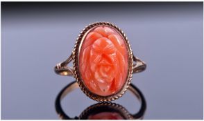 9ct Gold Dress Ring. Set with a Carved Coral Stone. Fully Hallmarked. Ring Size K½