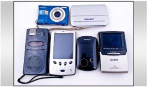 Selection of Six Portable Devices, no chargers includes Olympus 14 MP Camera, pocket TV, Pocket PC,