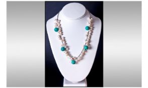 Freshwater Baroque Pearl and Turquoise Necklace, ivory white pearls, each individually wired onto