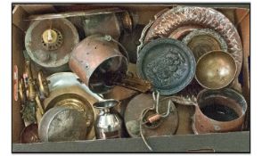 Box Lot Of Miscellaneous Antique Brass And Copper Items. Comprising scales, cannon, oil burners,