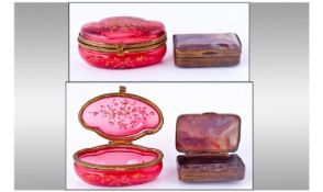 Victorian Kidney Shaped Ruby Glass Lidded Trinket Box, with raised gold floral images. Diameter 3
