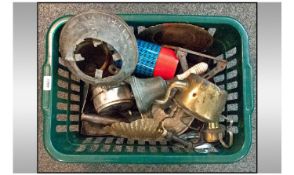 Mixed Box Lot Of Metal Ware. Comprising kettle, antique brass bell, old pans, brass plates, old
