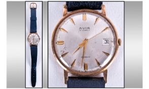 Gents 9ct Gold Avia Wristwatch. Silvered Dial With Baton Markers and Date Aperture. Manual Wind.