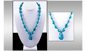 Turquoise Ovoid Bead and Nugget Pendant Necklace, the polished turquoise beads interspaced with