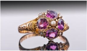 Victorian 15ct Gold Amethyst And Pearl Set Cluster Ring. Fully hallmarked 625. Amethyst of good