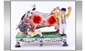 Obadiah Sherratt. Type Pearlware Decorated Nineteenth Century Staffordshire Bull Beating Group,