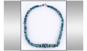 Free Form Polished Turquoise Bead Necklace. With Silver Clasp Stamped 925. Length 18 inches.