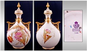 Royal Worcester Hand Painted Blush Ivory Large And Impressive Two Handled Globular Shaped Lidded
