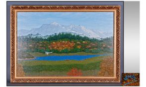 Local Artist Joe McGinn. Oil on Canvas in white frame. Entitled `The Fall`. 25 by 33 inches. signed