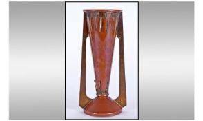 A Good Quality 1920`s Copper And Brass Futuristic Shaped Vase, with a cylindrical tapering body