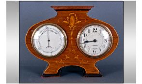 Art Nouveau Mahogany Combination Mantle Clock, of Shaped Form with floral Inlay and String Banded